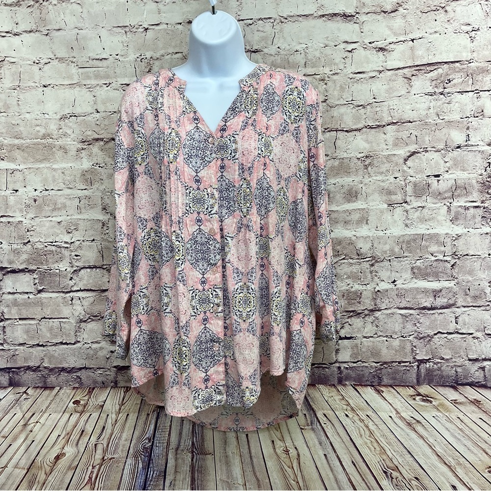 La Cera Pink Damask Print Button Long Sleeve Blouse